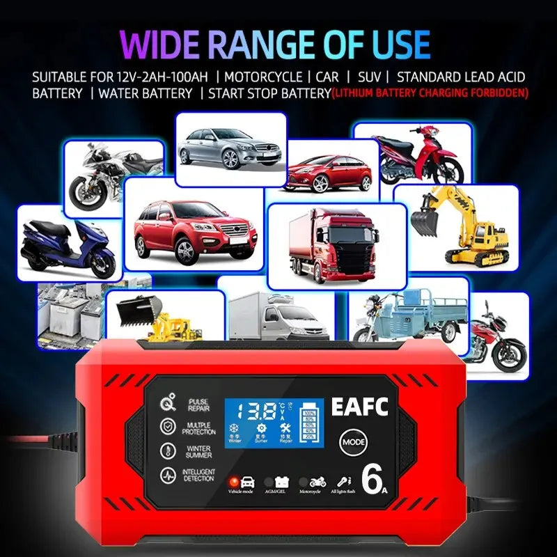 Car Battery Charger 6A 12V Car and Motorcycle Battery Charging Device Lead-acid Battery Smart Repair LCD Display