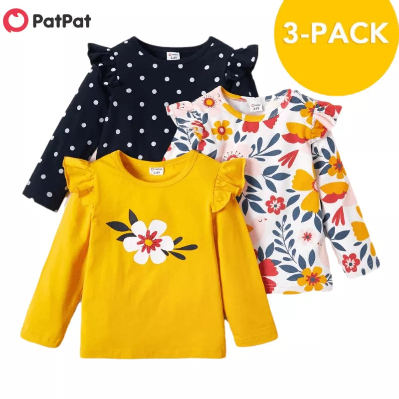 PatPat 3-pack Girls T-shirt  3 pcs Autumn And Spring Floral Dots Long-sleeve