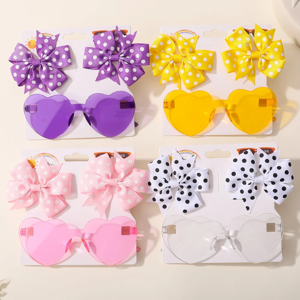 3Pcs/set Kids Cute Solid Dot Hairpin Colorful Heart Sun Glasses Set Girls