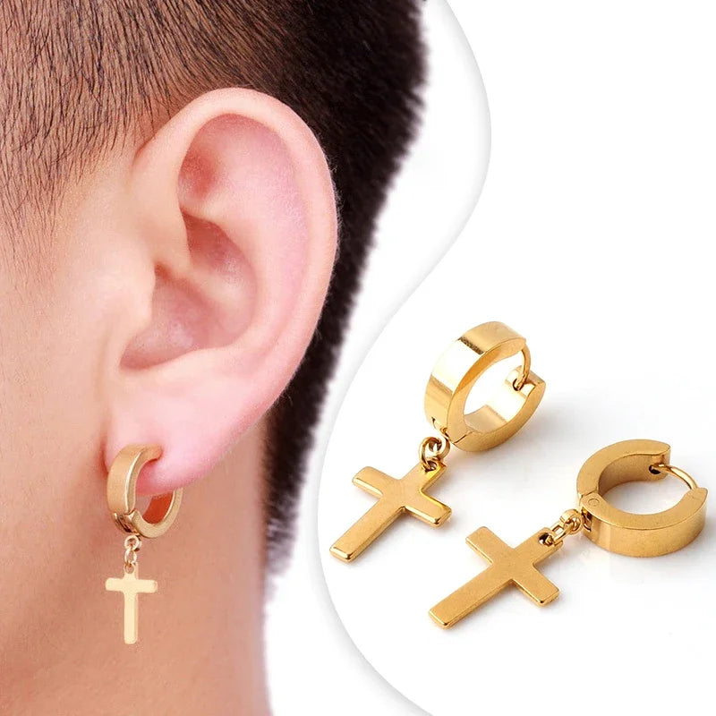 2pc Stainless Steel Unisex Cross Stars Punk Dangle Earrings Gothic Cross