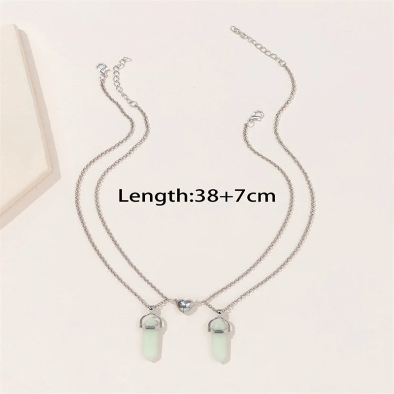 2Pcs/Set Luminous Hexagonal Column Heart Pendant Couple Magnetic Necklace