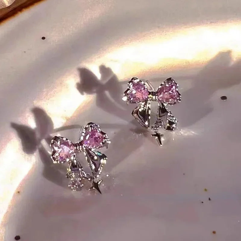 Bowknot Zircon Stud Earrings Trendy Cute Pink Crystal