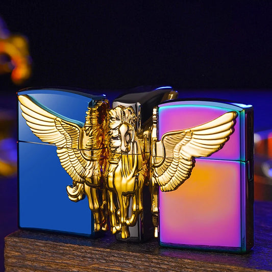 Three Sides Relief Three-dimensional Pegasus Shape Electroplating Alloy Wheel Open Flame Lighter