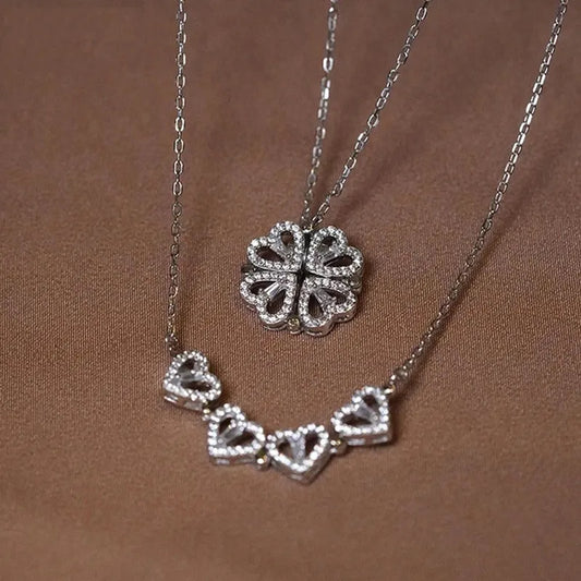 Heart Shaped Four Leaf Clover Pendant Necklace 925 Silver Zircon