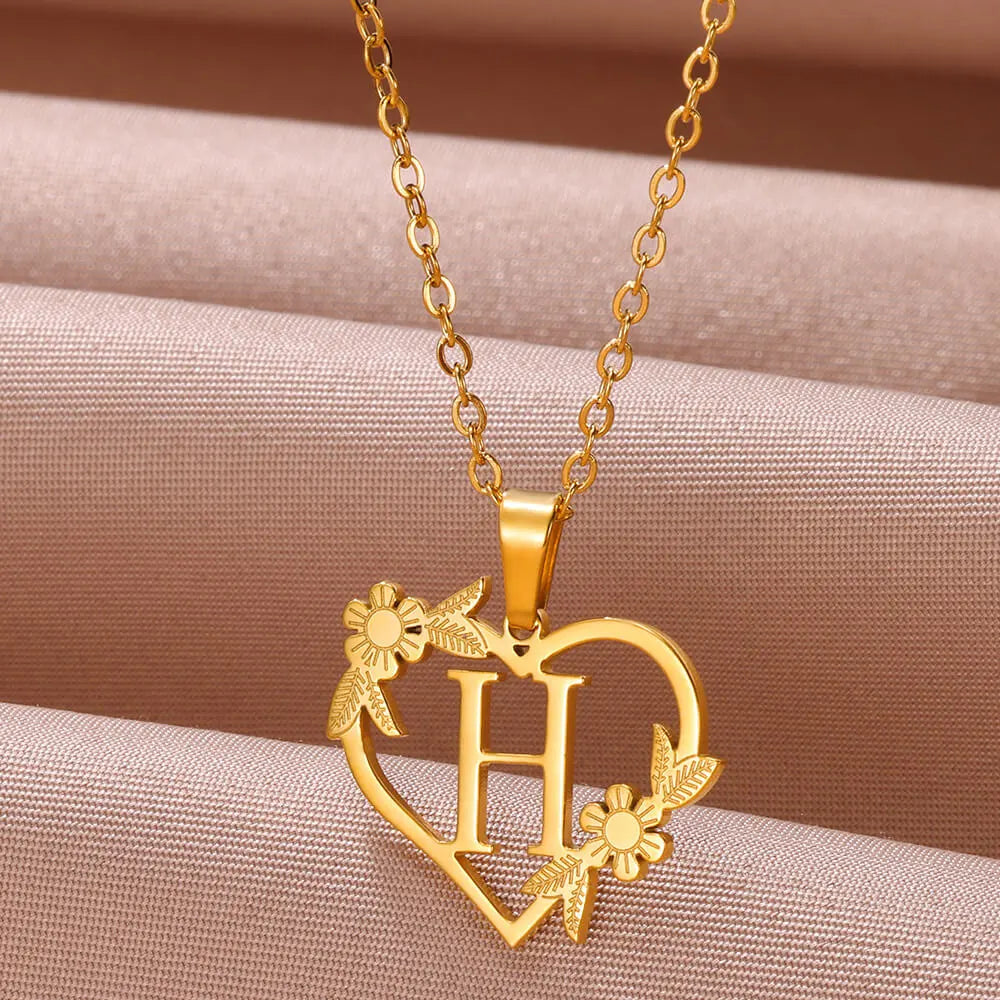 Gold Color Dainty Flower Initials Necklace Stainless Steel Heart Choker Alphabet Jewelry