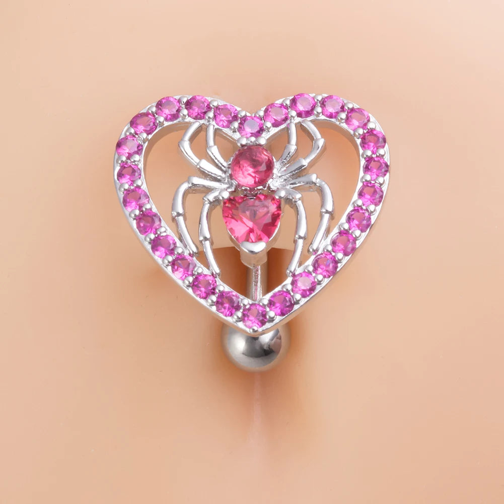 Heart Spider Belly Button Ring 14 G Surgical Steel Clear Pink Zircon Reverse Curved Navel Piercing