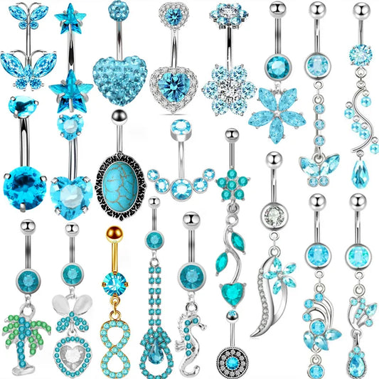 1PCS Blue Crystal Belly Button Rings 14G Heart Navel Piercing Barbell Flower Cluster