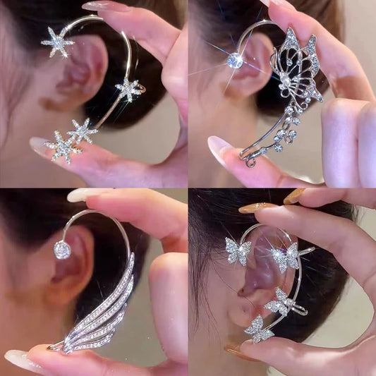 Luxury Star Butterfly Clip Earrings Crystal Tassel Ear Clip Sparkling Zircon Ear Cuff