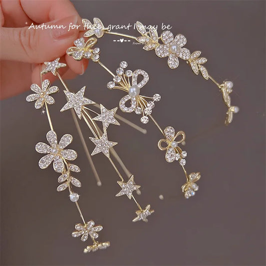 Gold Color Metal Rhinestone Flower Star Hairband Tiara