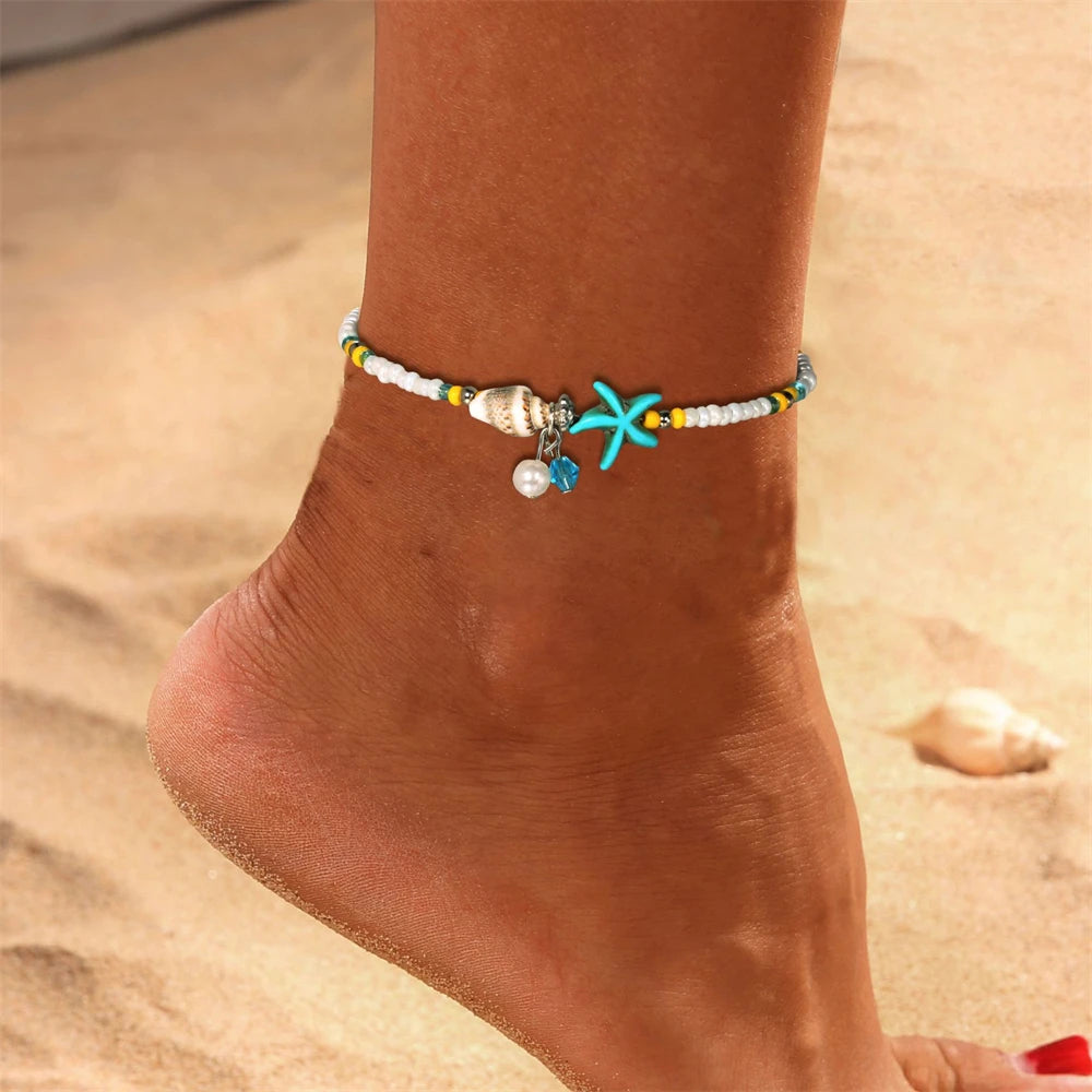 1pc Boho Starfish Beaded Anklets With Conch Adjustable