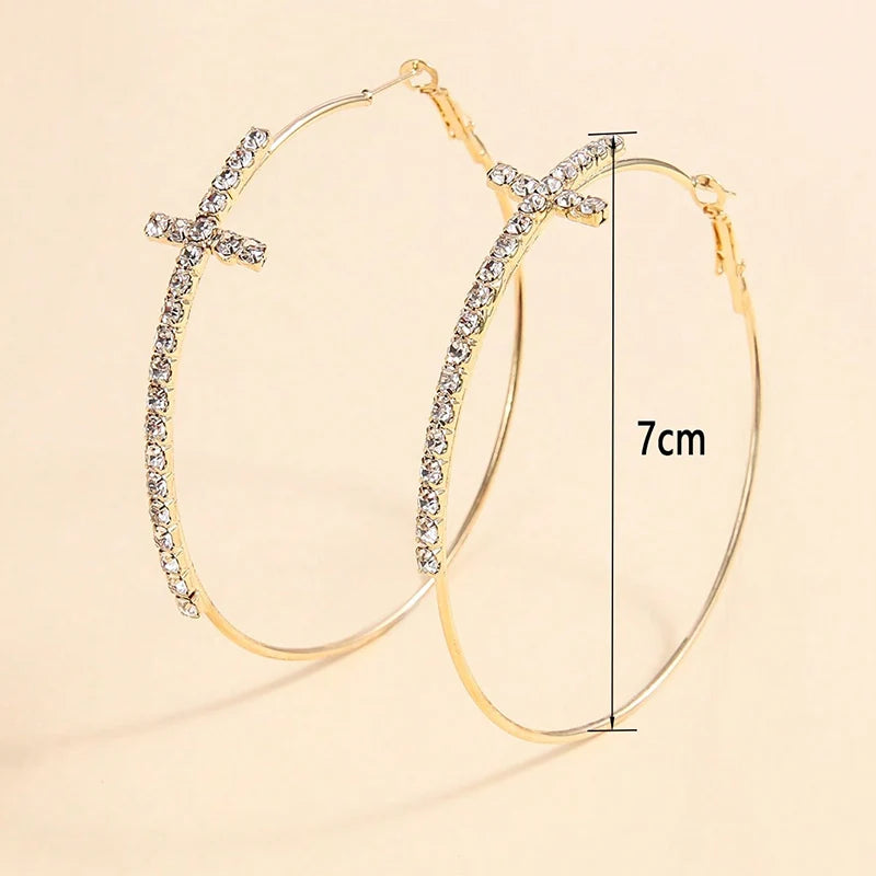 Obega Cross Hoop Earrings Shiny Cubic Zircon Gold And Silver