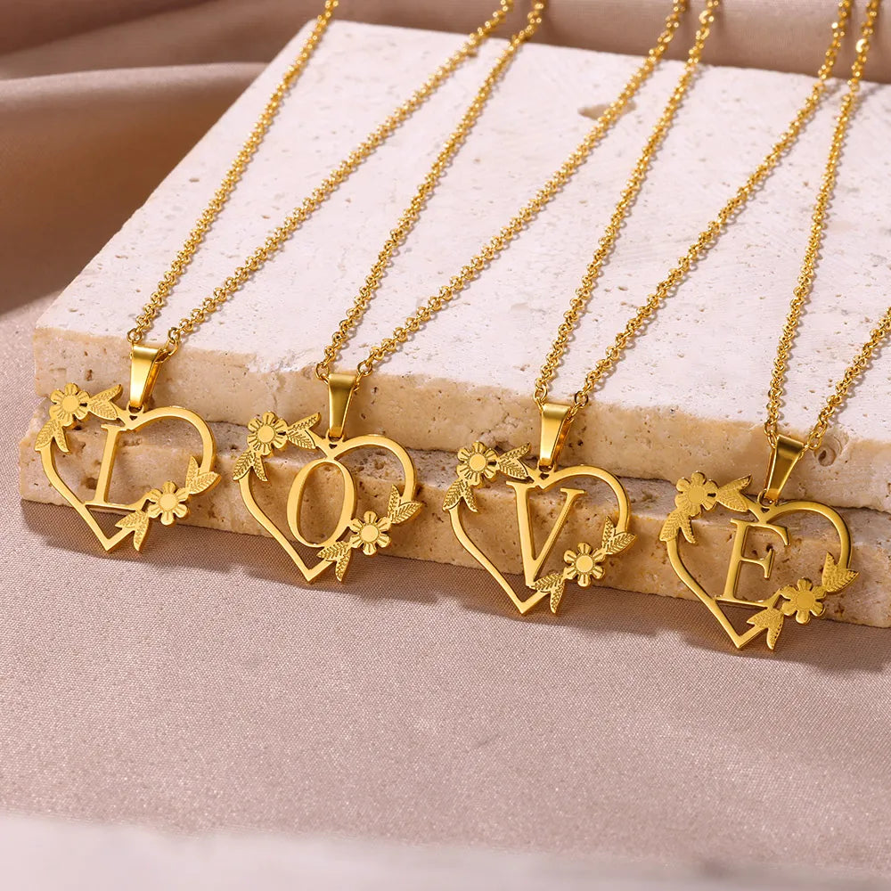 Gold Color Dainty Flower Initials Necklace Stainless Steel Heart Choker Alphabet Jewelry