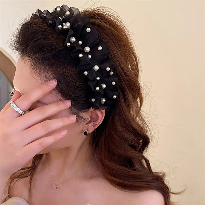 French Wave Mesh Headband Fabric Pearl Embellished Lace