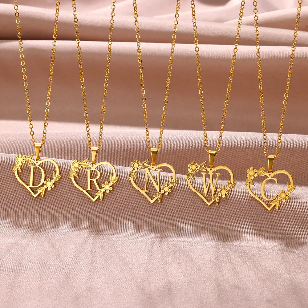 Gold Color Dainty Flower Initials Necklace Stainless Steel Heart Choker Alphabet Jewelry