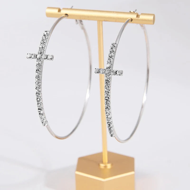 Obega Cross Hoop Earrings Shiny Cubic Zircon Gold And Silver