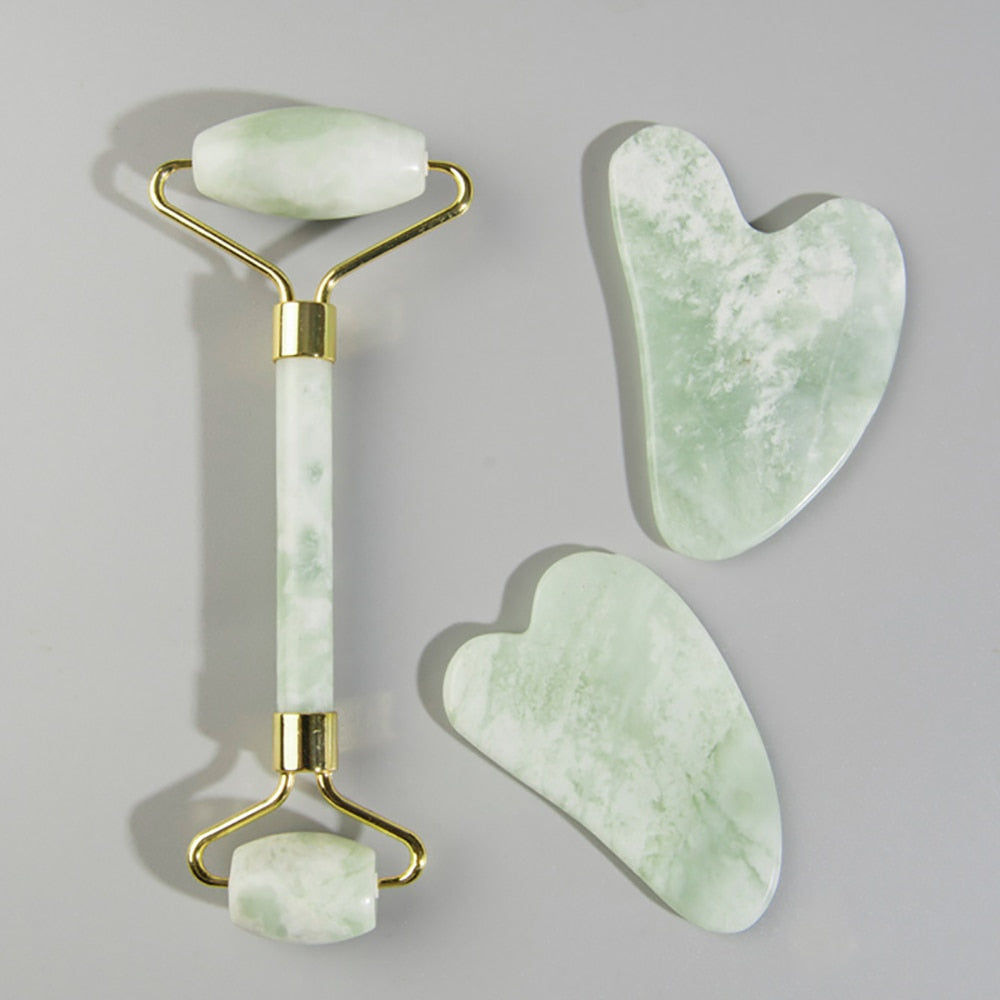 Natural Jade Face Roller, Gua Sha Scraper Set