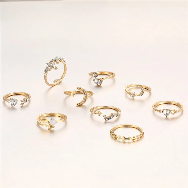 Boho Gold Color Heart Finger Rings Set For Women Cubic Zirconia Star Moon Arrow Flower