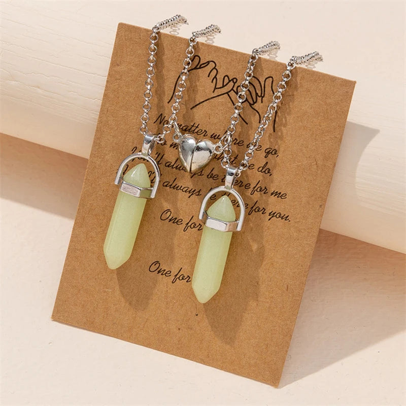 2Pcs/Set Luminous Hexagonal Column Heart Pendant Couple Magnetic Necklace