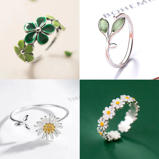 New Fashion Silver Color Green Flower Leaf Rose Daisy Enamel Open Finger