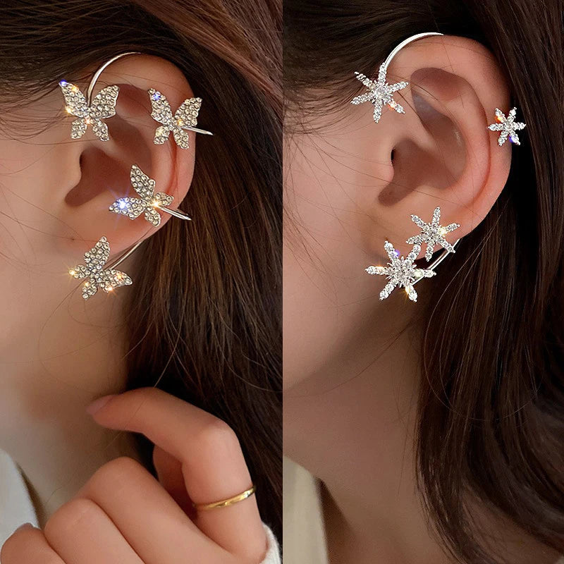 Luxury Star Butterfly Clip Earrings Crystal Tassel Ear Clip Sparkling Zircon Ear Cuff