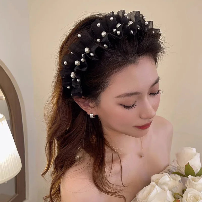 French Wave Mesh Headband Fabric Pearl Embellished Lace